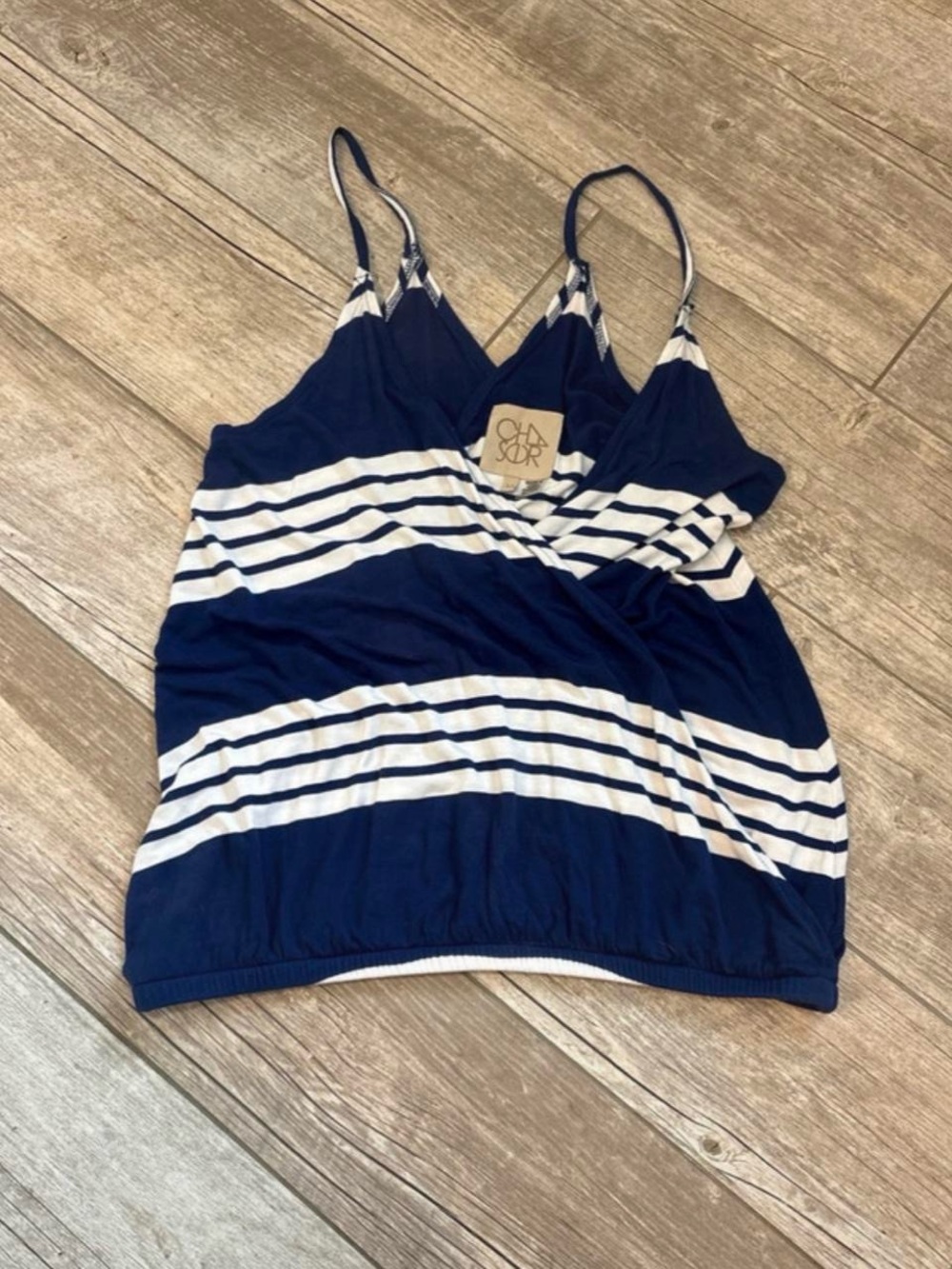 Chaser Navy and White Striped Wrap-Front Tank Top